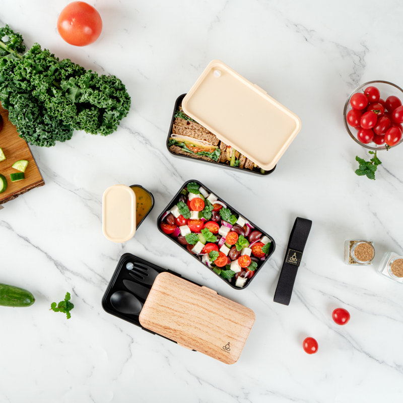 Boîte à repas empilable 40,5 onces, 1 boîte de repas pour adultes réutilisable avec ustensiles, tasse à sauce, grain de bois et boîte de repas en plastique noir, micro-ondes, lavable au lave-vaisselle