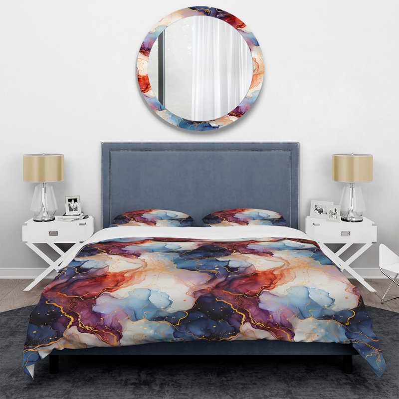 Ensemble de housse de couette en marbre Humayra Red and Blue Celestial Radiance Marble Bliss - microfibre de polyester