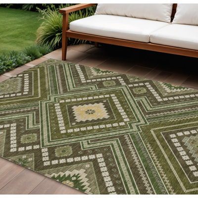 Tapis intérieur / extérieur tribal lavable 9 pi x 12 pi vert olive et ivoire 9 pi x 12 pi