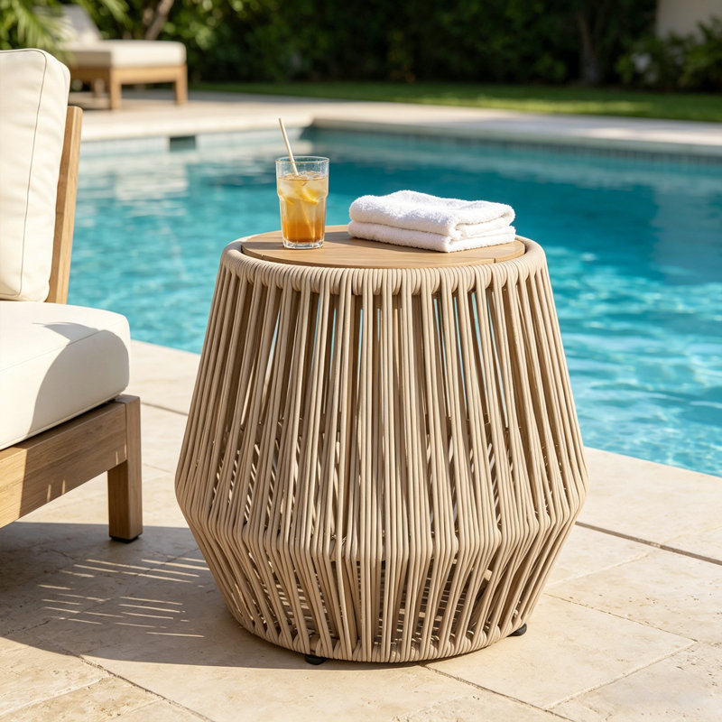 Table d'appoint d'extérieur avec plateau en bois d'acacia et base en corde pour patio et jardin, Beige