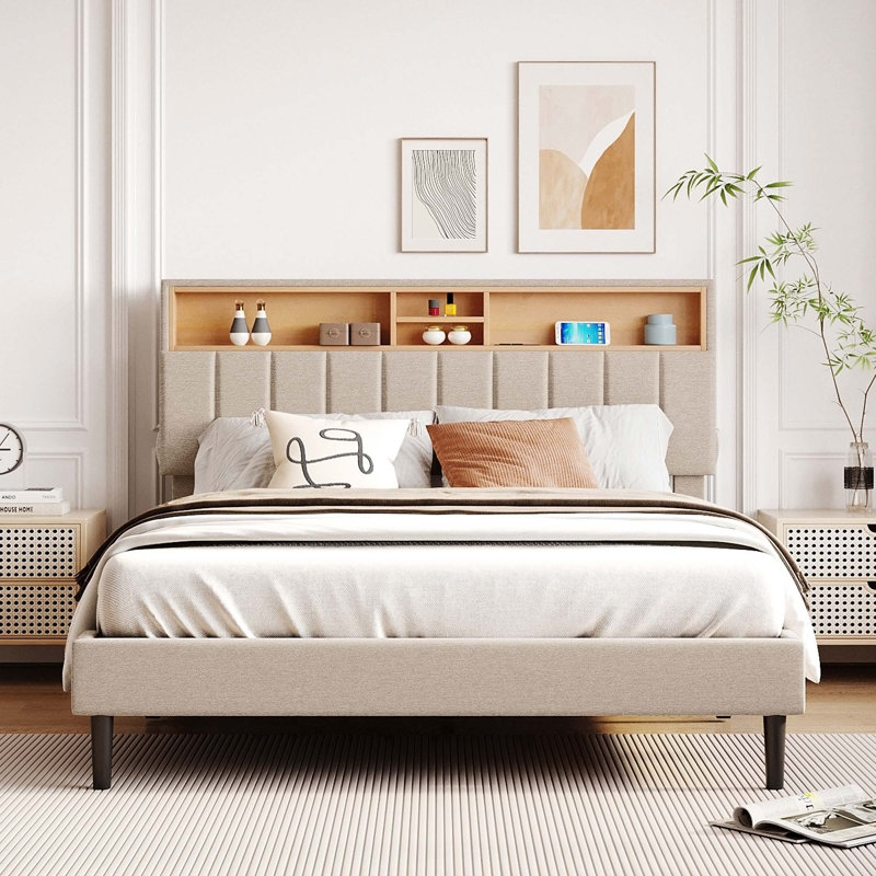 Isenberg Vella Upholstered Bookcase Platform Bed, Queen, Beige