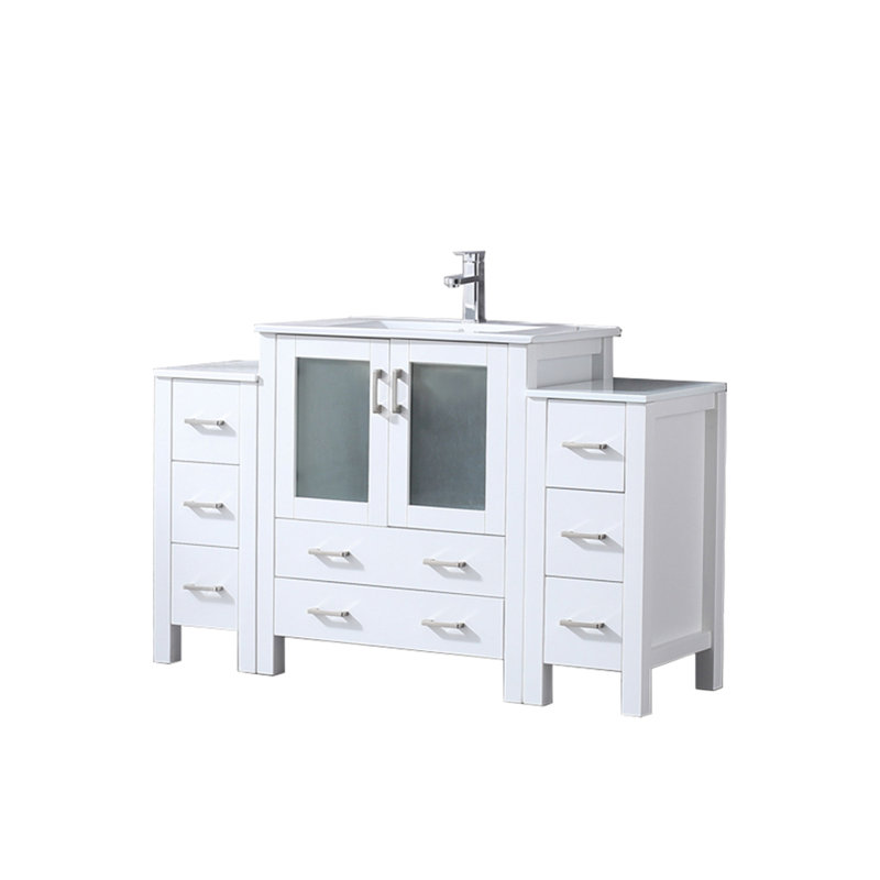 Volez 54 in W x 18.25 in D Single Bath Vanity with Side Cabinets, White Ceramic Top and Chrome Faucet Set, White