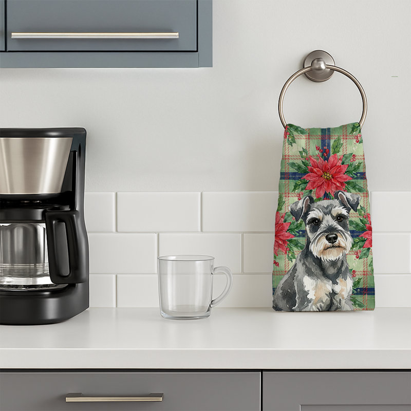 Miniature Schnauzer Christmas PoinsettIas Kitchen Towel, White/Black Miniature Schnauzer
