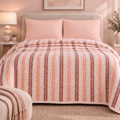 Couvre-lit réversible Lehar rose poudré à rayures feuillues 100 % coton, 152 x 229 cm