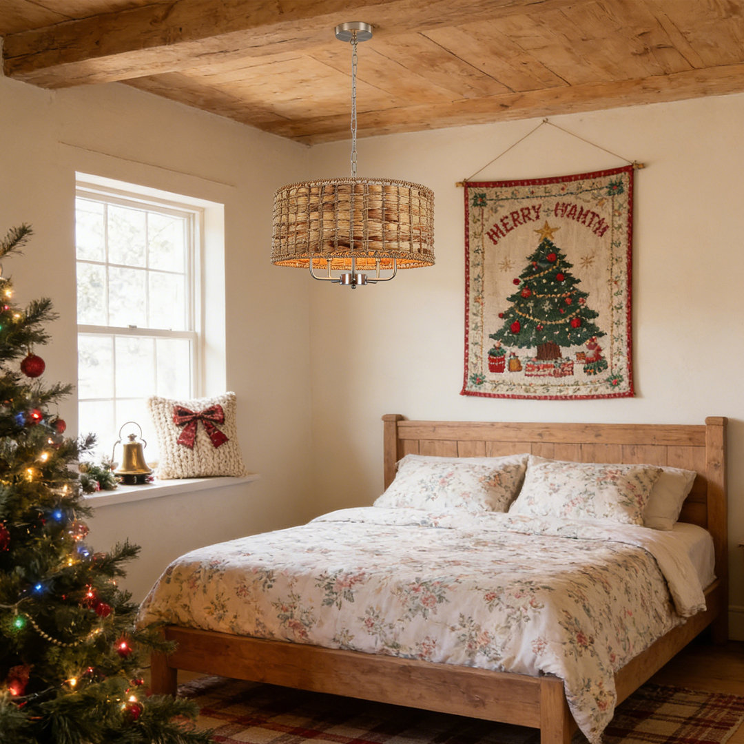 5 - Light Dimmable Drum Chandelier Natural Rattan Seagrass Pendant Light, Bohemian Rattan Chandelier, Woven Pendant Light Fixture for Living Room Kitchen Entryway Hallway Foyer-18.9"W x 74.8"H Bay Isle Home™