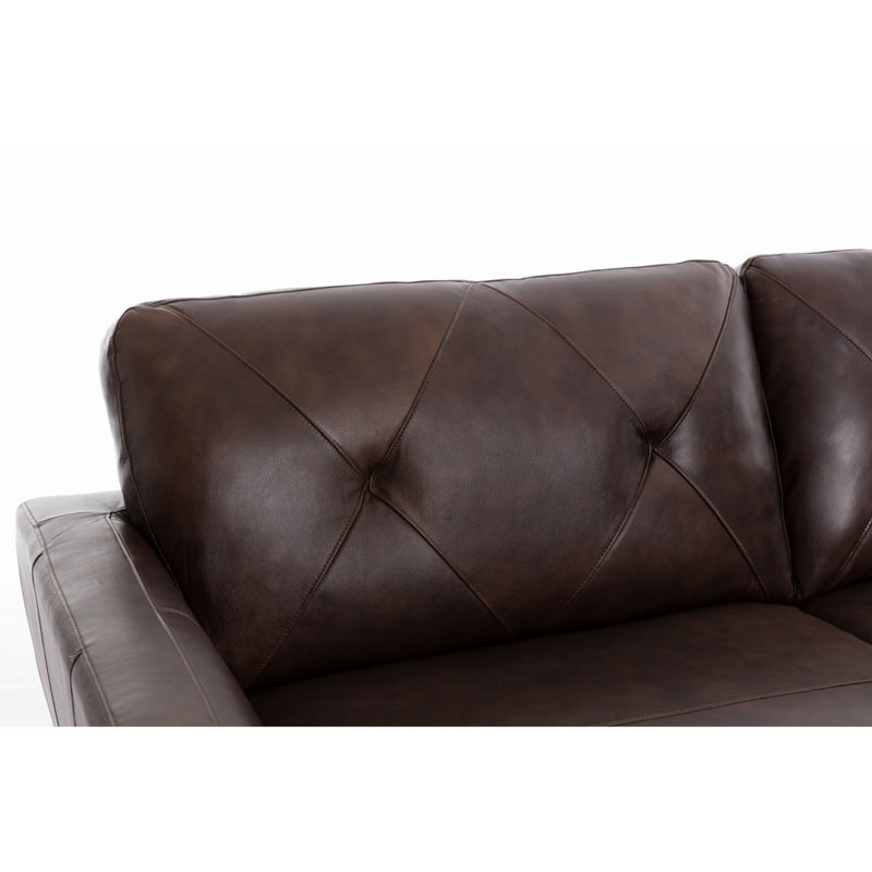Canapé en cuir véritable avec coussin touffeté à losanges