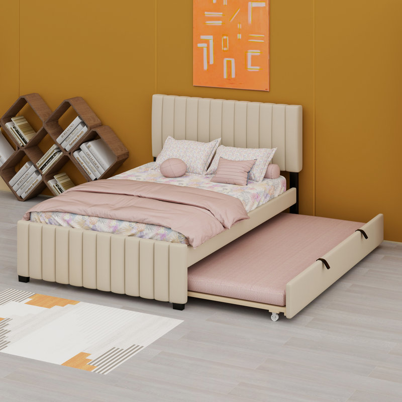 Structure de lit en velours avec lit gigogne et tête de lit escamotable, Beige