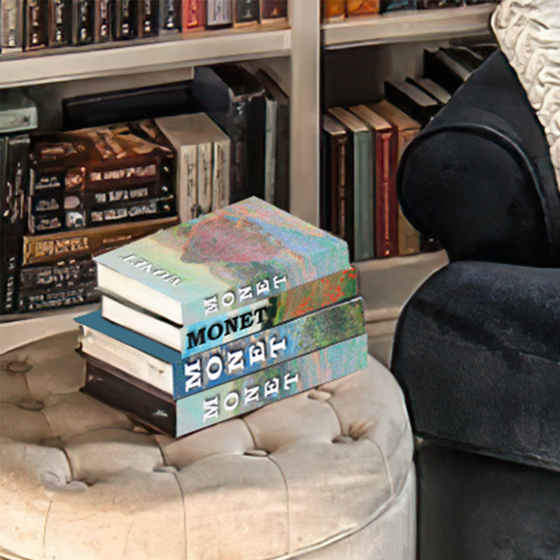 Monet Coffee Table Book Decor Set of 3, Impressionist Faux Books with Blue Green Pastel Art Covers for Shelves and Mantels