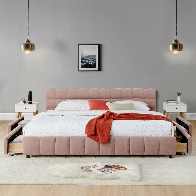 Cadre de lit très grand lit tapissier californien, revêtement confortable, Rose
