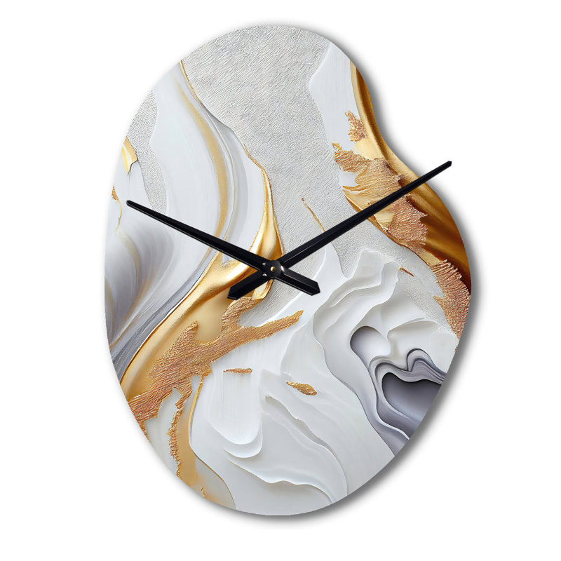 White And Gold Marble Abstract I - Pear Shape Large White Wall Clock - Unique Shape, Small