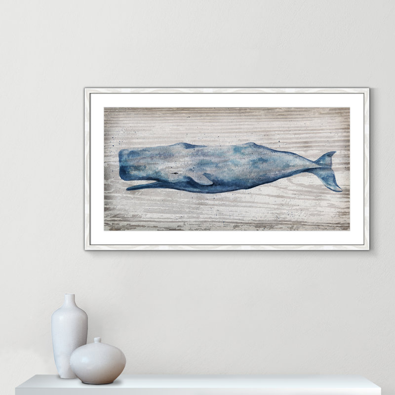 " Blue Whale ", 23.5'' H x 41.5'' W x 0.75'' D, White Slim Frame - Matted Fine Art Paper Print