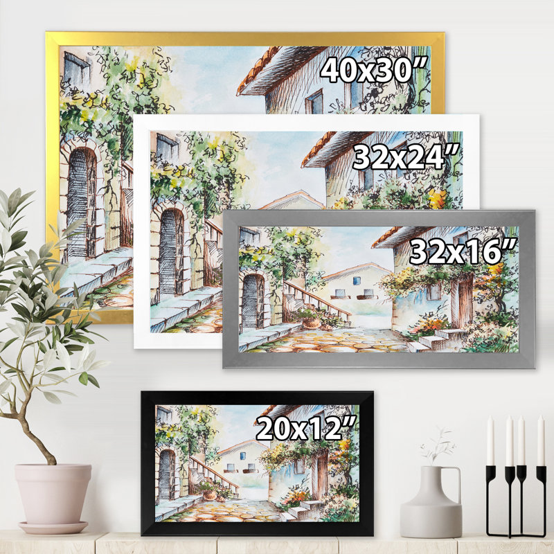 «Sunny Day at the City Cozy Street», peinture sur toile, H 16 po x l 32 po x p 1 po, Cadre photo noir