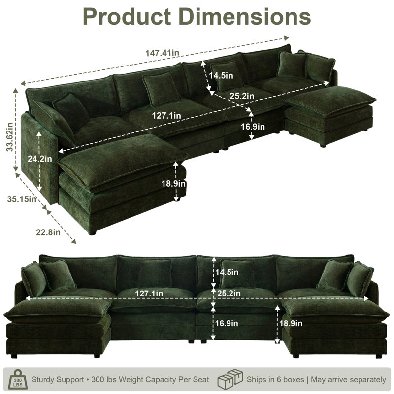 Canapé modulaire en U de 147 po avec méridienne réversible, poufs doubles et 5 coussins, chenille, Vert