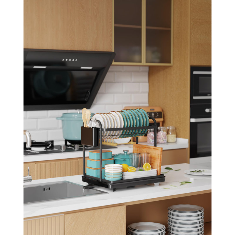 Égouttoir à vaisselle à 2 niveaux - Égouttoir à vaisselle en acier inoxydable avec porte-couverts et ustensiles pour comptoir de cuisine, rangement et évier pour petite famille, l 15 po x L 11,4 po x H 15 po, noir
