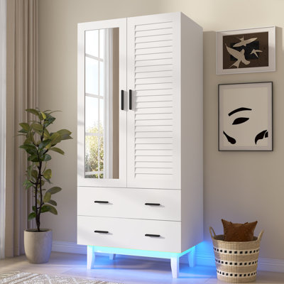 70" Tall Armoire With Mirror, LED Lights, And Hanging Rod by Wrought Studio