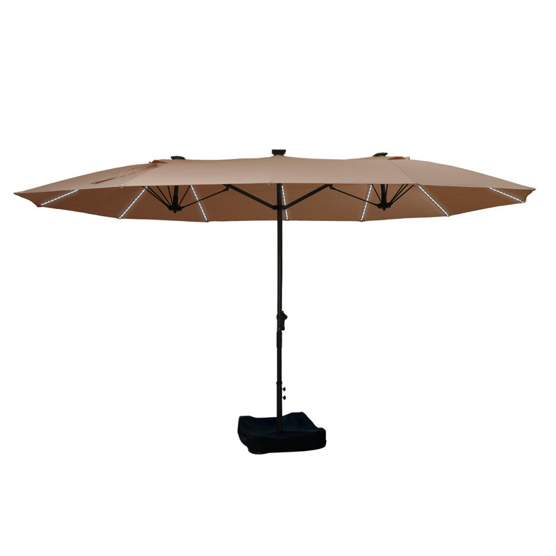 Parasol de patio à double face 15 pi avec base et éclairage, Taupe