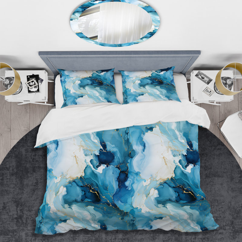 Blue White Oceanic Allure Marble Pattern III - Marble Duvet Cover Set, Housse de couette simple + 1 taie décorative stan
