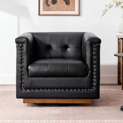 Fauteuil demi-tonneau pivotant carré en cuir véritable 33 po avec structure en bois massif