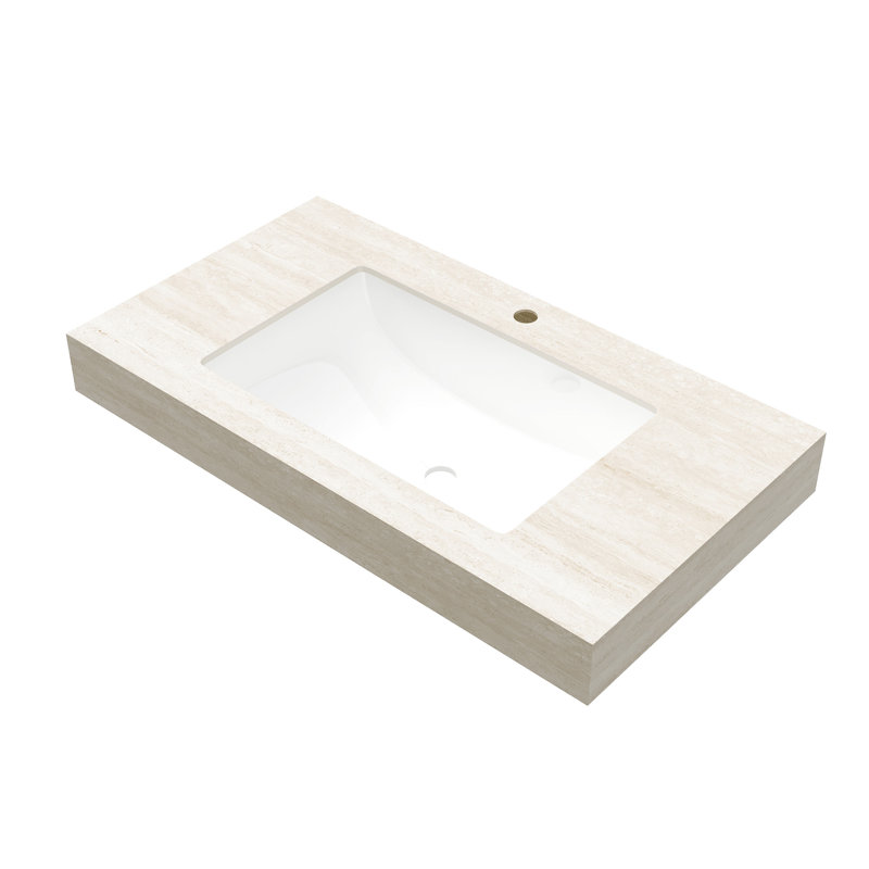 Comptoir en pierre frittée 36 "avec motif et bassin en céramique, beige, trou de trop-plein pour la protection contre les fuites