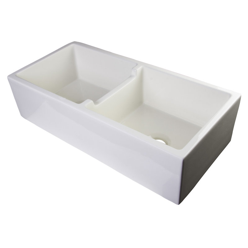 39.5'' L Double Bowl Fireclay Kitchen Sink, Biscuit