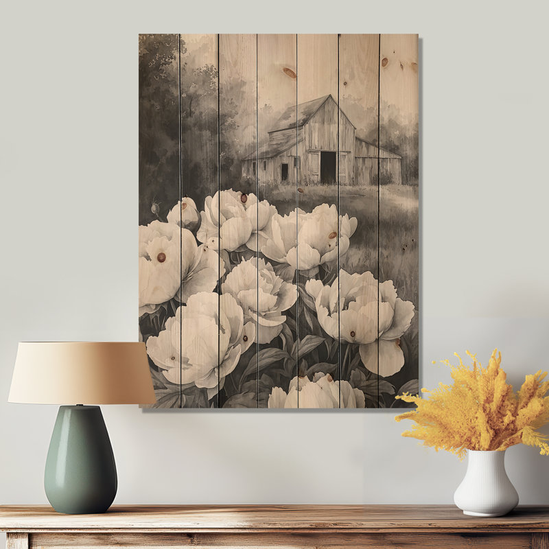 Monochrome Peonies At The Farm III - Peonies Wood Wall Art - On Natural Pine Wood, 40" H x 30" W x 0.78" D