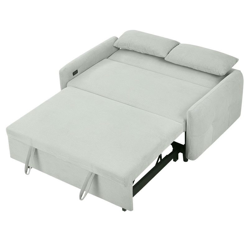 Convertible Pull-Out Sofa Bed with USB 2-Seat Loveseat Sleeper Couch Corduroy for Small Spaces, Pale Green 