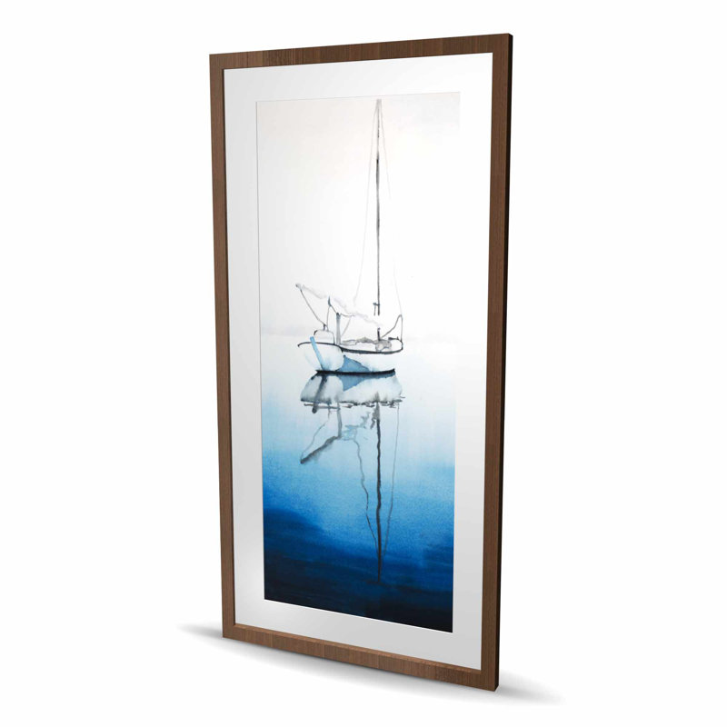 Bateau blanc sur un fond bleu profond - impression de décor de salle de bain