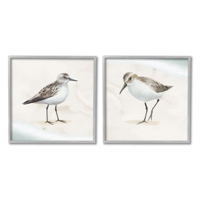 Soothing Sandpiper Bird Stepping Nautical Beach Sand 2 Piece Set Gray Farmhouse Rustic Framed Giclee Texturized Art by Lucca Sheppard
