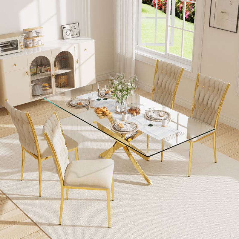 63" Rectangular Tempered Glass Table set, Beige/Gold, 5