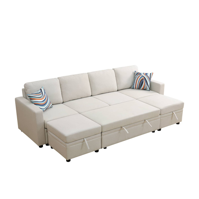 102" 6-Pieces Convertible Sofa Couch With Pull Out Bed And Storage, Beige