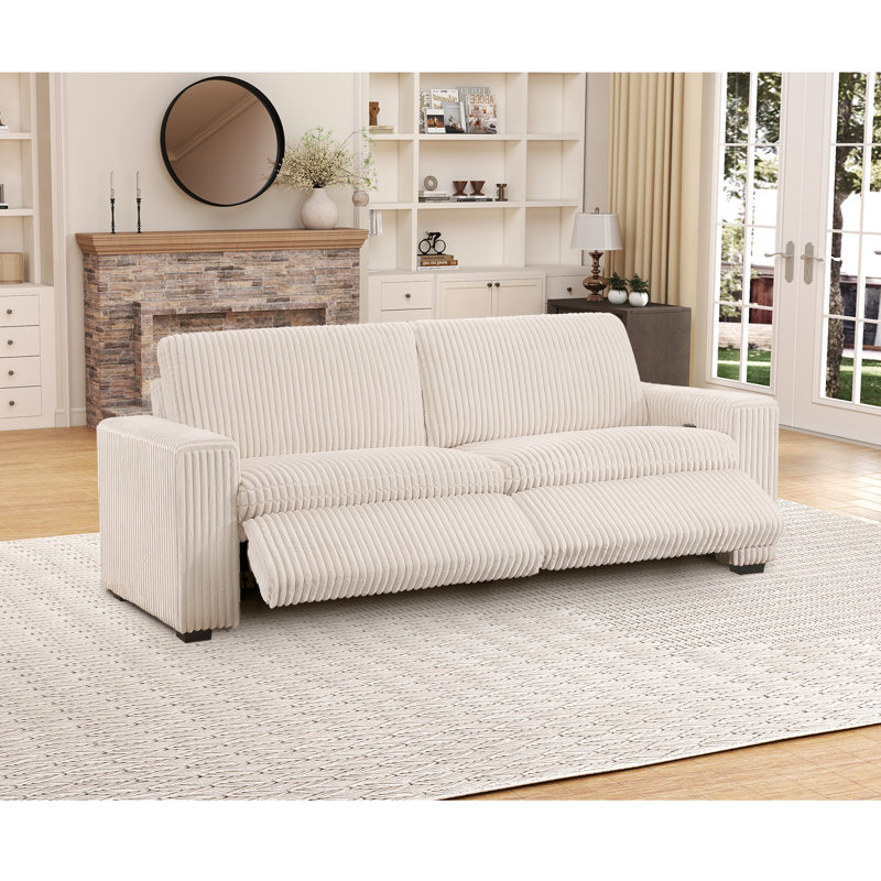 Annistyn 86.6'' Wide Modern Corduroy Square Arm Power Reclining Loveseat With USB Port, Alabaster White Corduroy