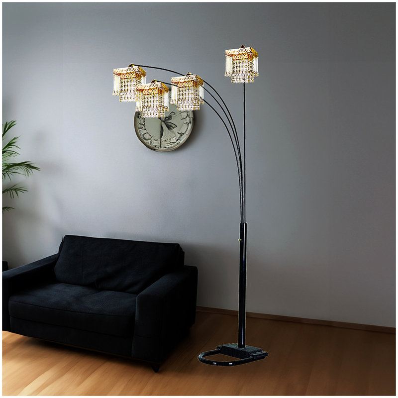 Lampe sur pied arquée en cristal noir à 4 carrés d'inspiration noire, Black/Gold