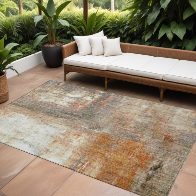 Tapis intérieur lavable abstrait ivoire et brun 8 pi x 10 pi cuivre