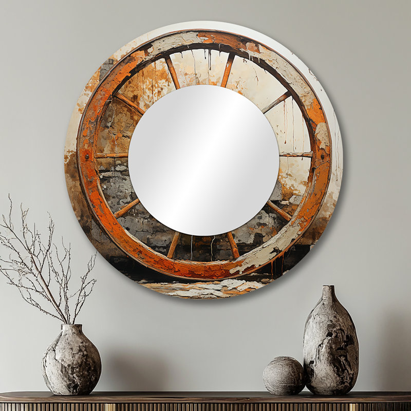 «Orange Old Cart Wheels III - Old American Cart», décor de miroir mural unique grand orange, 29 po x 29 po