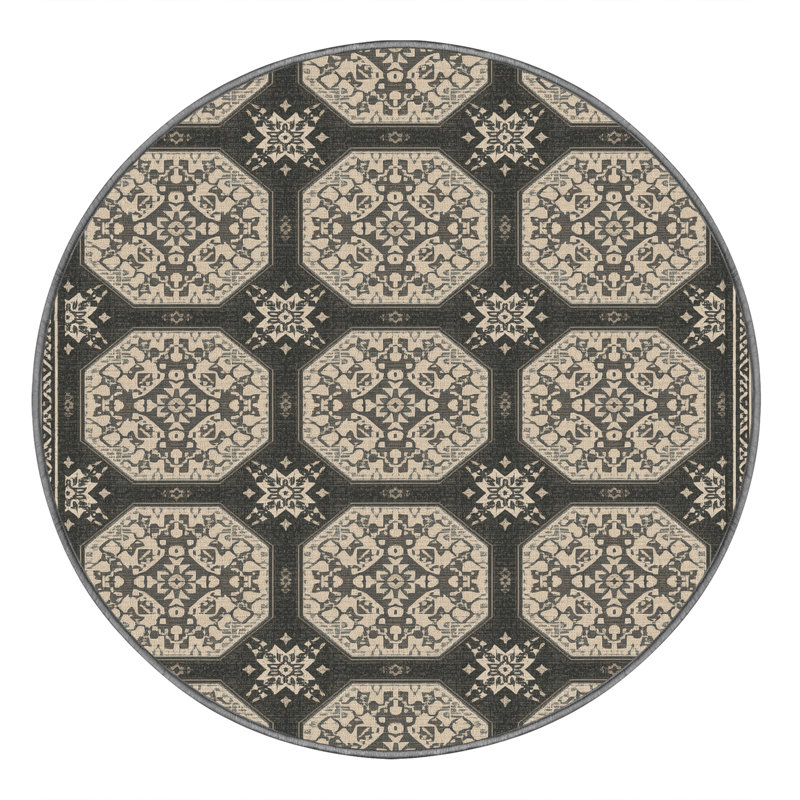 Tapis oriental gris lavable à la machine Paizlea, 6 po de diamètre