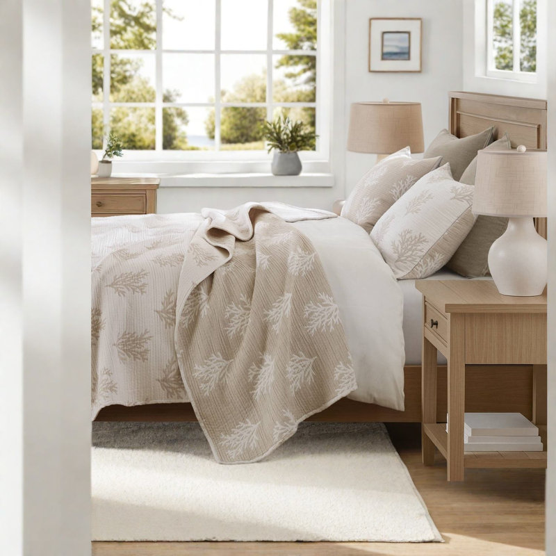 Ensemble de literie pour lit double réversible, courtepointe en mélange de coton brun clair pour la maison