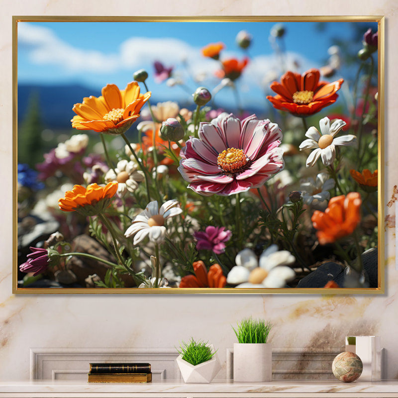 Bouquet de fleurs fantaisistes Attiyya - impression, H 16 po x l 32 po x P 1 po, Cadre flottant doré