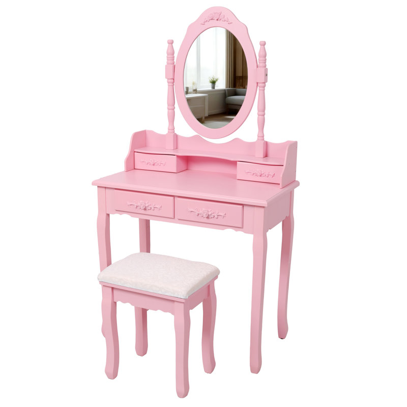 Pink Wooden Vanity Desk Set , 4-Drawer Makeup Table With Mirror And Cushioned Stool | Gift Idea, Pink