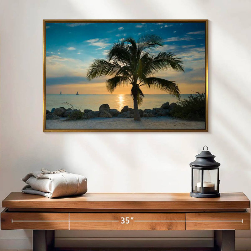 Palmier Key Key Sunset, 25 po x 17 po, Cadre flottant doré