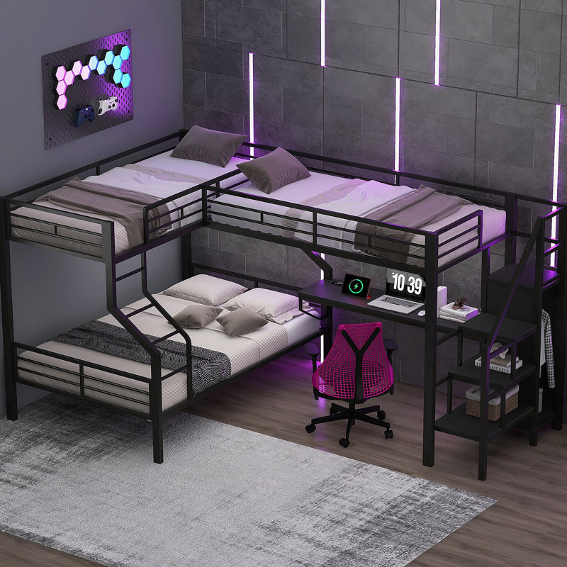 Twin Over Full L-Shaped Bunk & Loft Bed, Built-In Wardrobe And Desk With USB