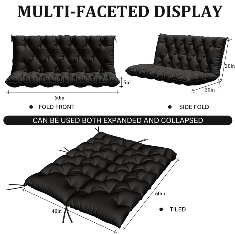 Coussin d'extérieur imperméable pour banc de jardin, Noir, L 60 po x P 40 po