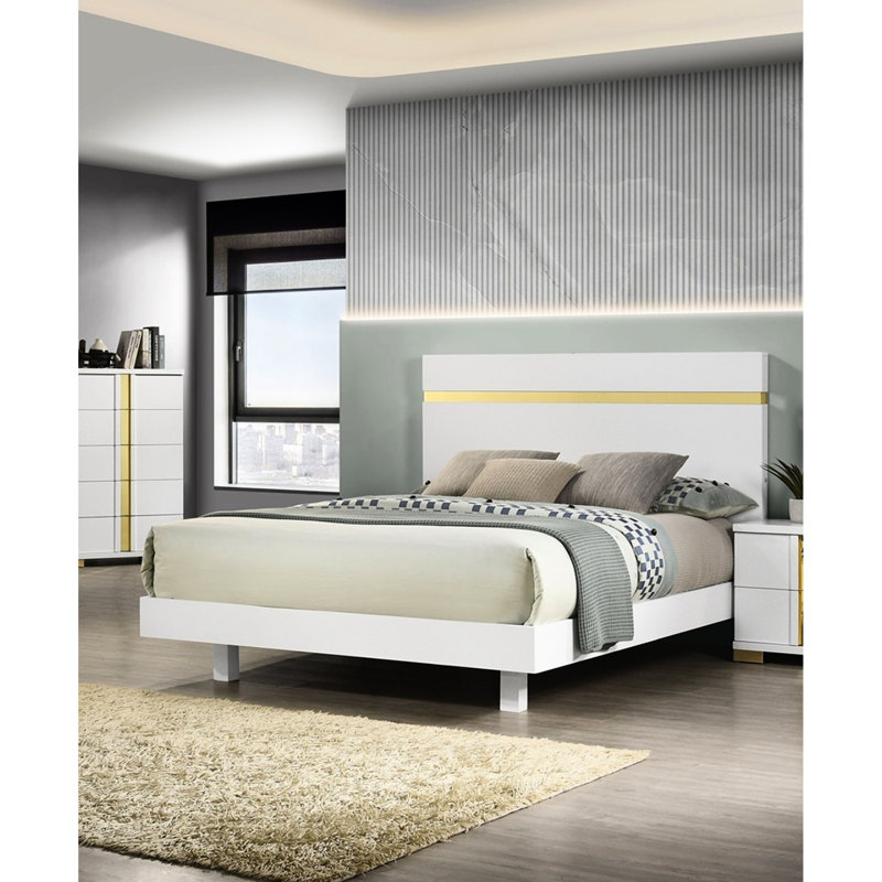 Modern Queen Bed In White/Gold, Underbed Led, Acrylic Trim, Engineered Wood And Rubberwood, Casual Style, Mattress Ready, Proof