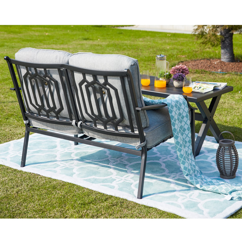 Stradford 2-Person Patio Loveseat and Coffee Table Conversation Set with Gray Cushions, Gray