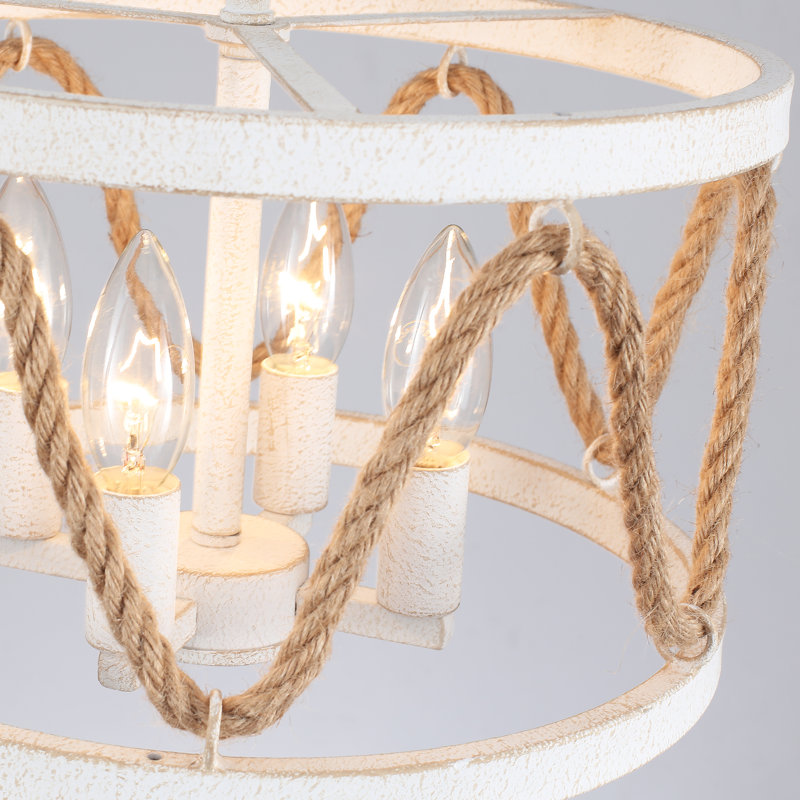 Alomar 4 - Light Dimmable Drum Hemp Rope Chandelier, Distressing White