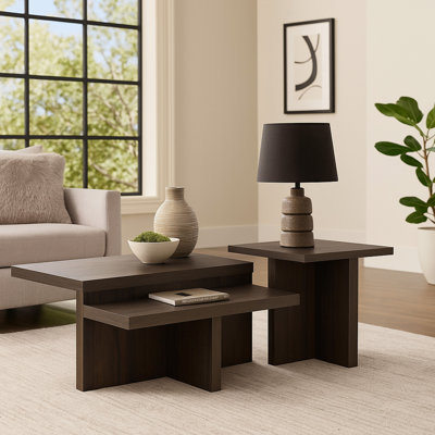 Zeny 2Pc Coffee And Side Table Set, Geometric Cross Base, Dark Brown