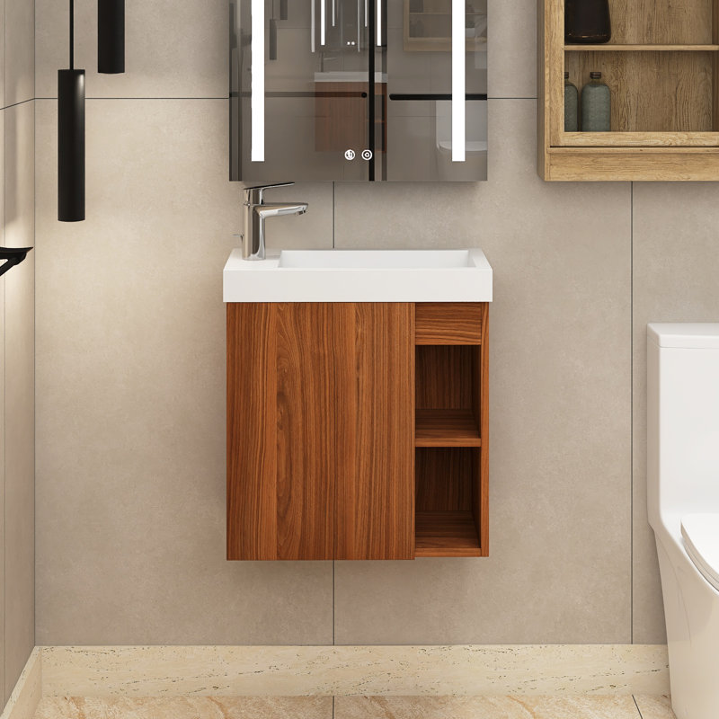 Ensemble de meuble-lavabo simple 20 po avec plateau en résine Miyo, Noyer, Blanc