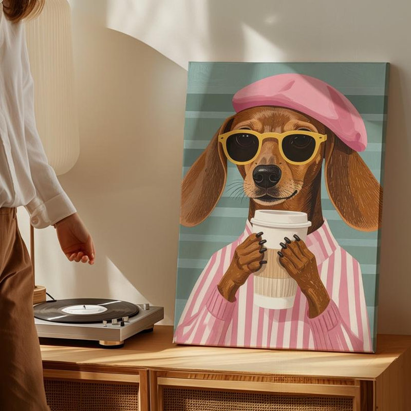 Teckel à la mode chien fantaisiste avec café et toile de style rétro prête à accrocher, H 11 po x l 14 po