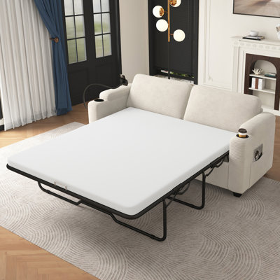 72.8" Corduroy Sleeper Sofa Loveseat Sofa with Full Size Mattress, Two USB Ports, Two Cup Holders, Two Side Pockets and a Phone Holder for Living Room