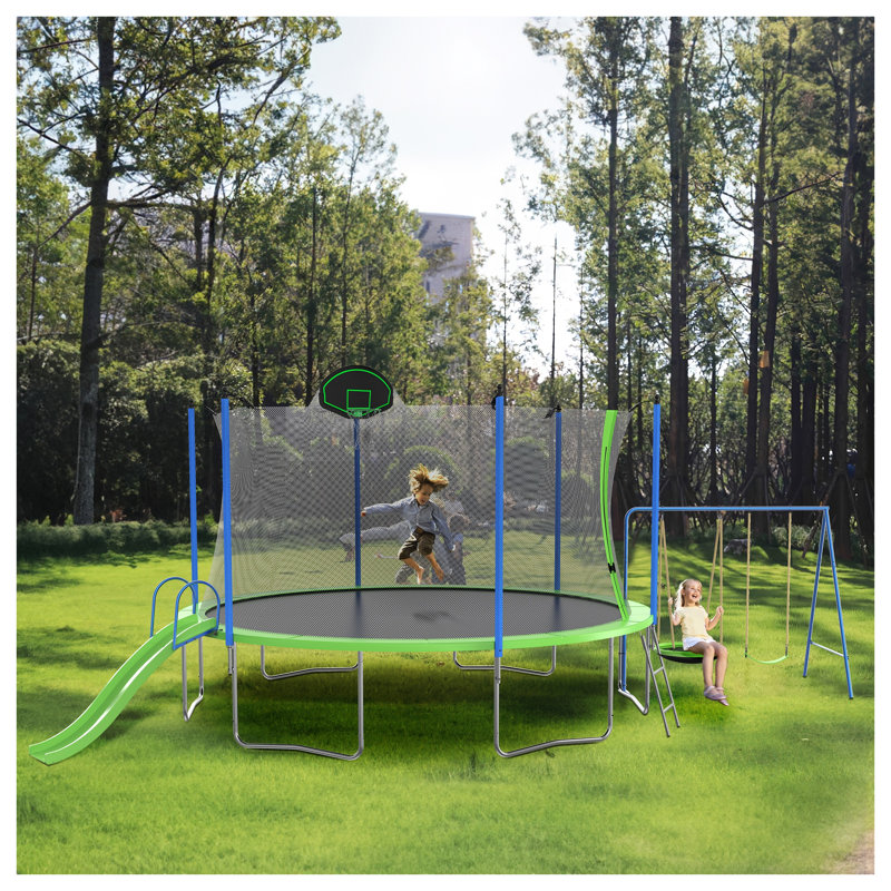 Trampoline à structure en métal de 14 pieds avec glissade, balançoires et panneau de basketball pour jouer à l'extérieur