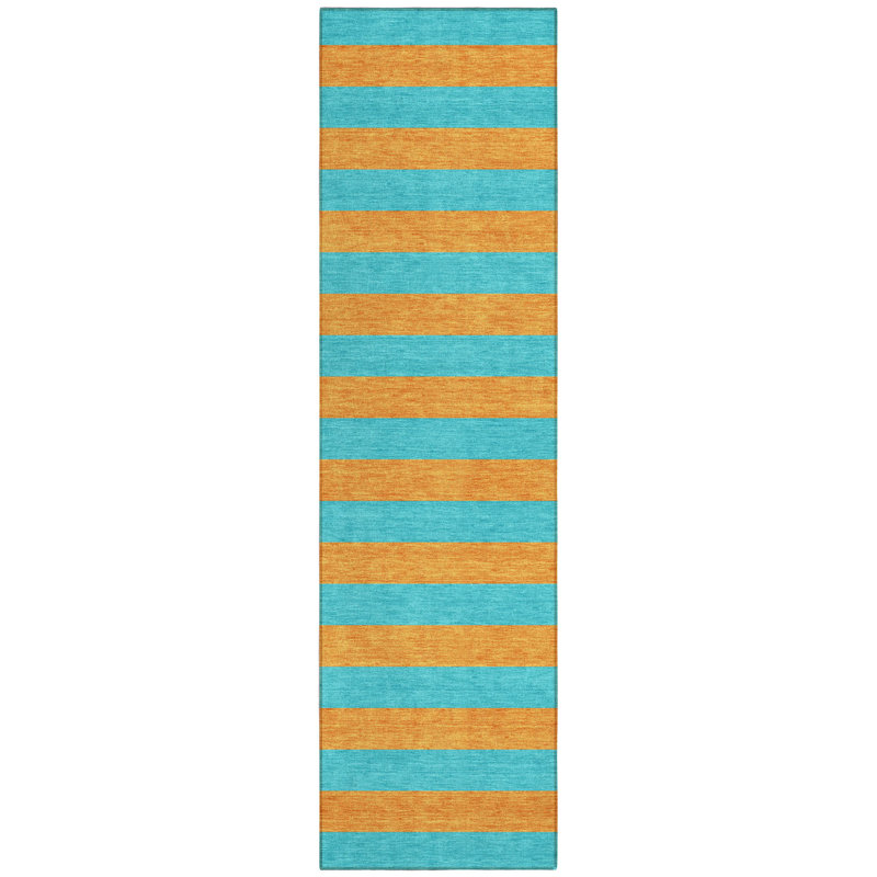 8' Runner Aqua Striped Washable Non Skid Indoor Outdoor Runner Rug